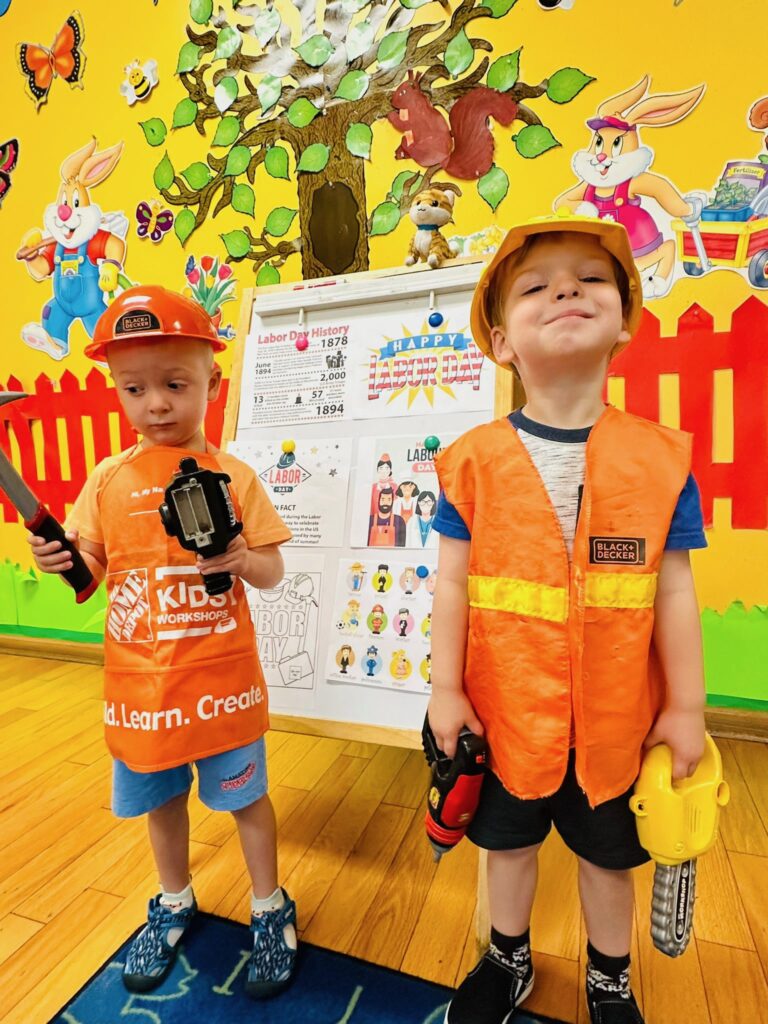 Preschoolers in dress-up safety vests at Fantasy Island near Gladstone Park