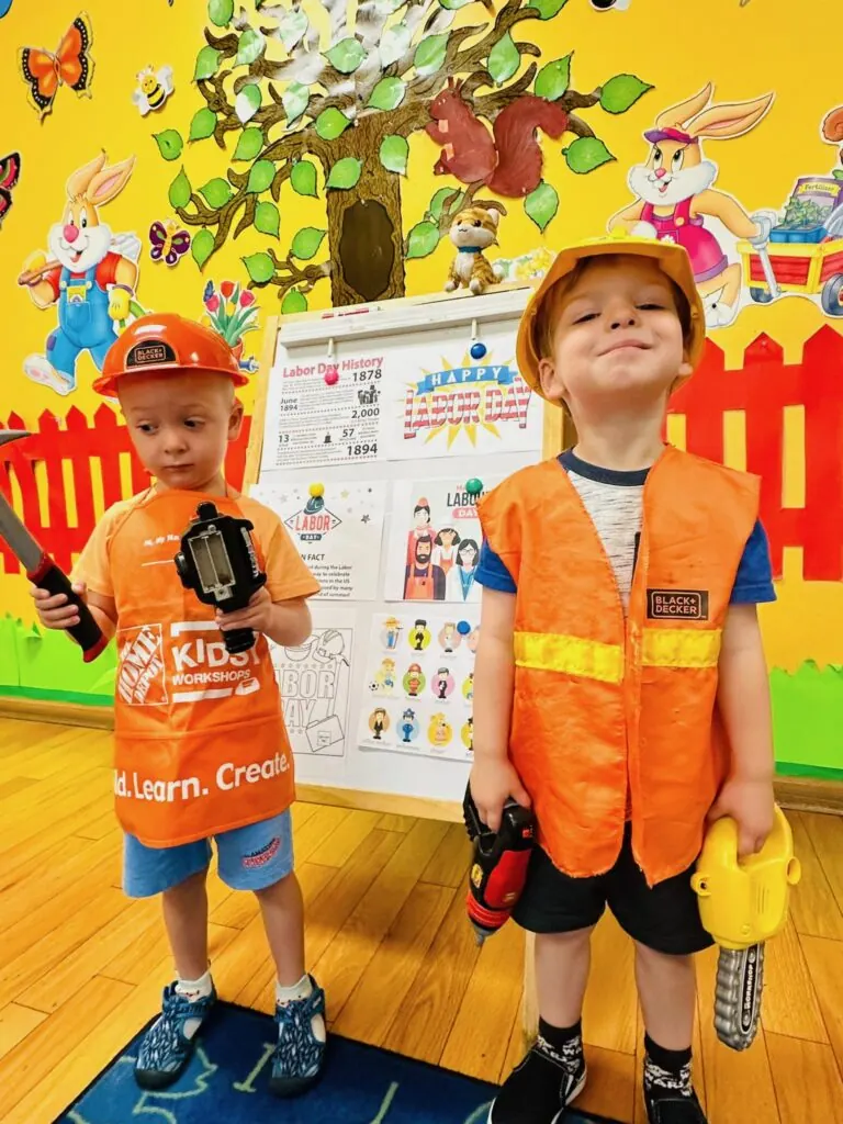 Preschoolers in dress-up safety vests at Fantasy Island near Gladstone Park