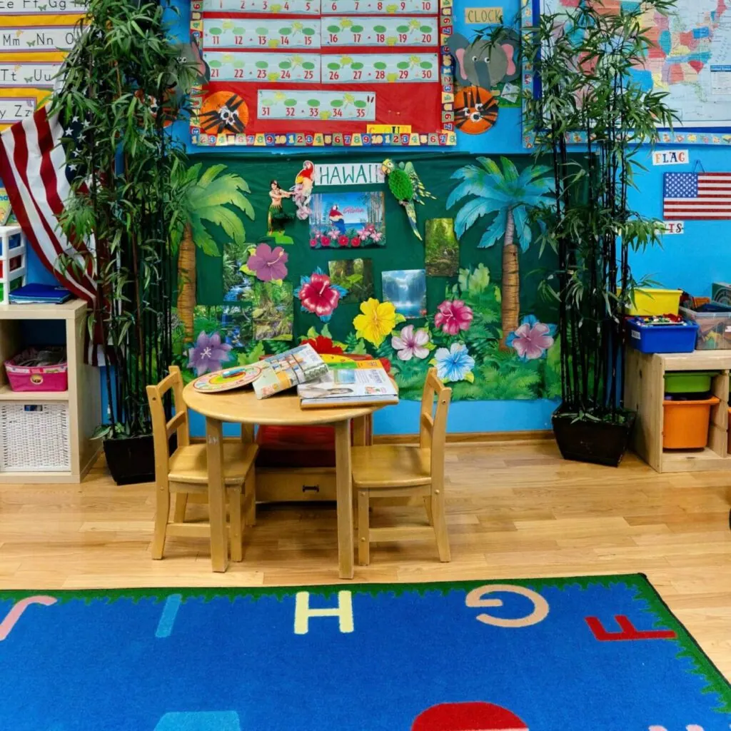 Daycare classroom with a jungle mural at Fantasy Island near Niles, IL